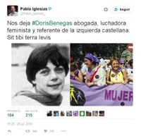 Pablo Iglesias señala a Doris Benegas como "referente" de la izquierda castellana y destaca su lucha feminista