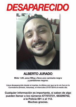 Cartel alertando de la desaparición de Alberto Jurado. 