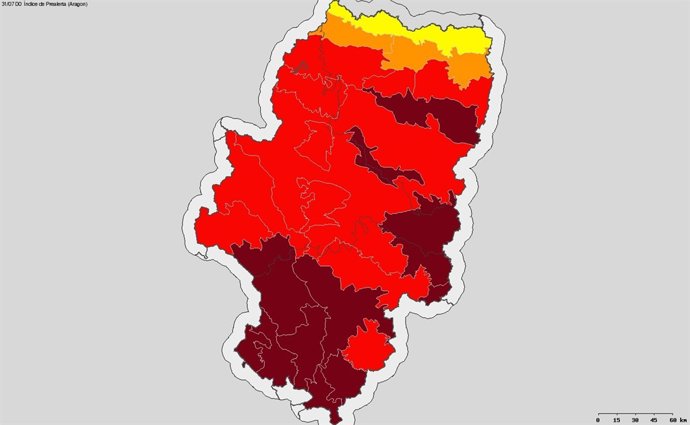 Mapa de prealertas por incendios forestales en Aragón.