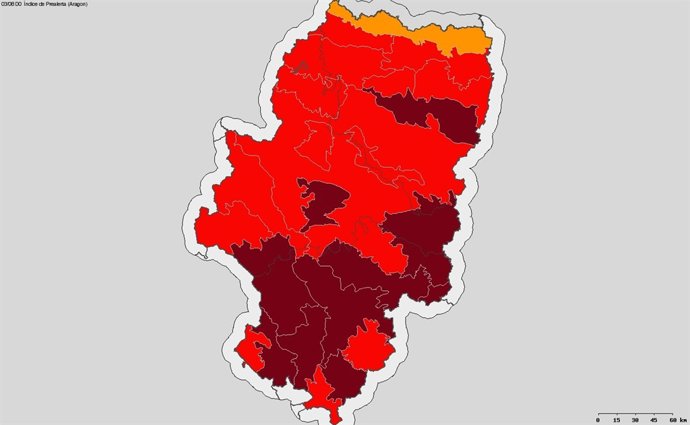 Mapa de riesgo de incendios en Aragón del 3 de agosto de 2016