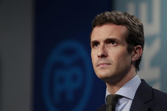 Pablo Casado en la sede del PP