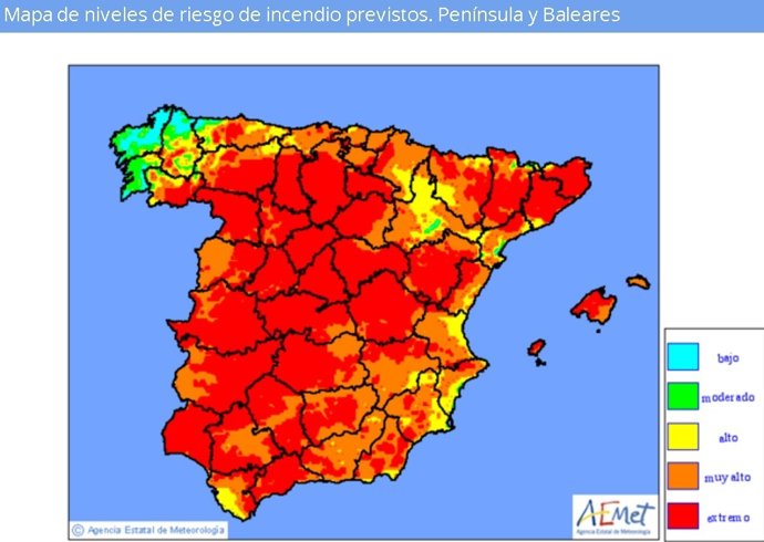 Mapa riesgo incendios AEMET 4 de agosto 2016