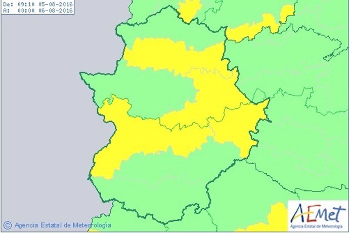 Mapa de la alerta amarilla por calor en Extremadura