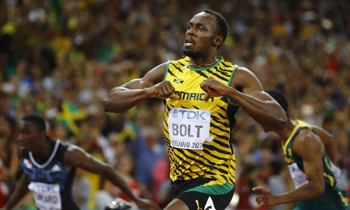 Usain Bolt of Jamaica celebrates winning the men's 200 metres final during the 1