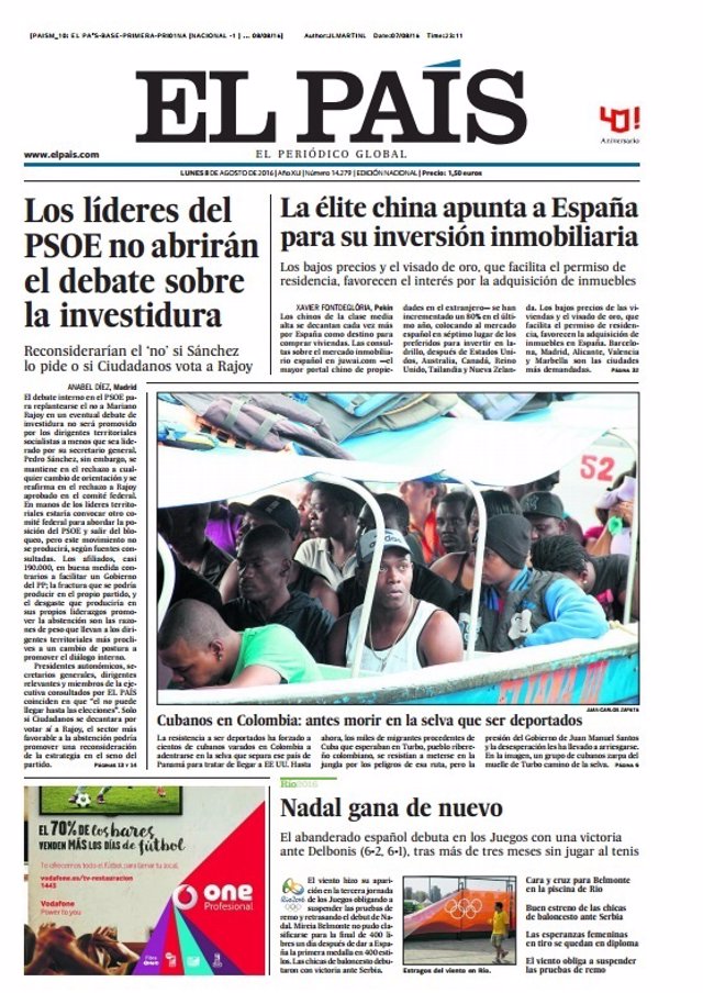 Portada de El País 8 de agosto