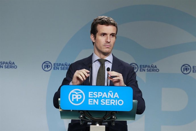 Pablo Casado en la sede del PP