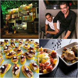 Collage de la fachada del restaurante, Santos y Alcaraz y de algunos platos