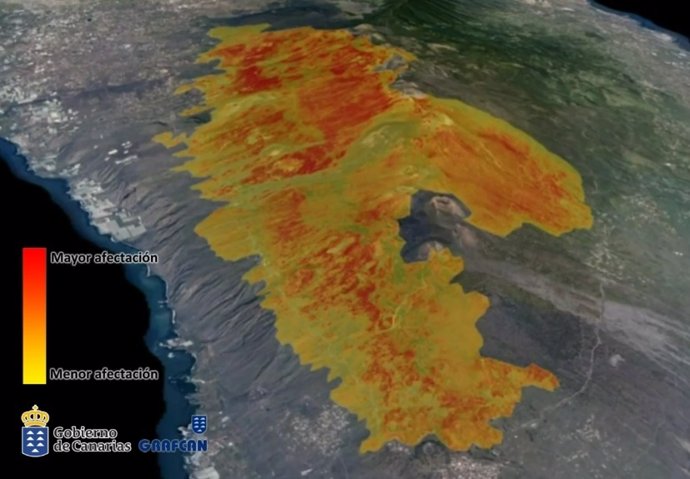Mapa con el grado de afectación del fuego de La Palma: rojo más, amarillo menos