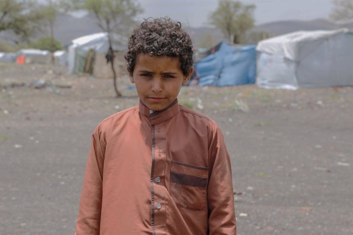 Elias Jameel, de 14 años, en un campo para desplazados en las afueras de Saná