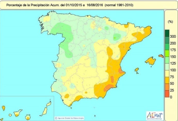 Mapa de precipitaciones desde el 1 de octubre de 2015 al 16 agosto 2016