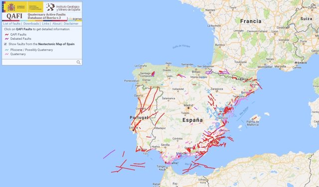 Mapa de las fallas del cuaternario activas en España