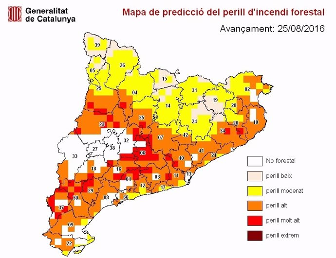 Mapa de alerta por riesgo de incendios en Catalunya