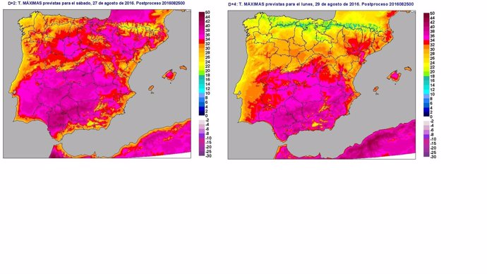 Temperaturas máxima del 27 y 29 de agosto en España