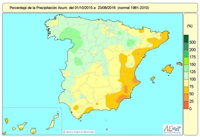Distribución de las precipitaciones en España hasta el 23 de agosto de 2016