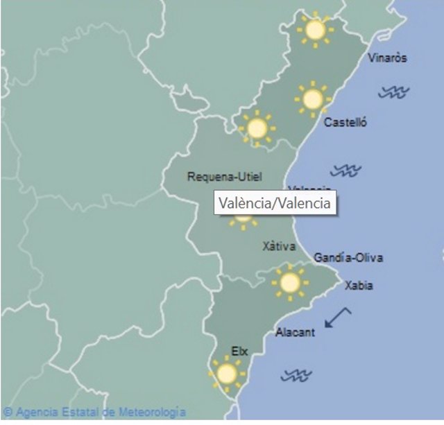 Mapa con la previsión para este sábado en la Comunitat Valenciana