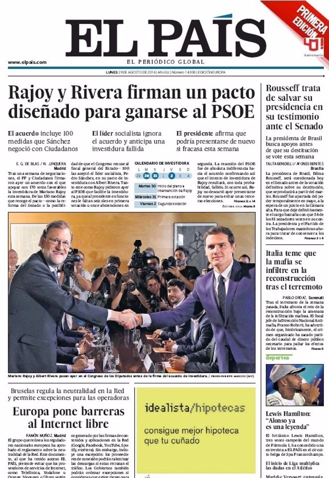 Portada de El País, primera edición