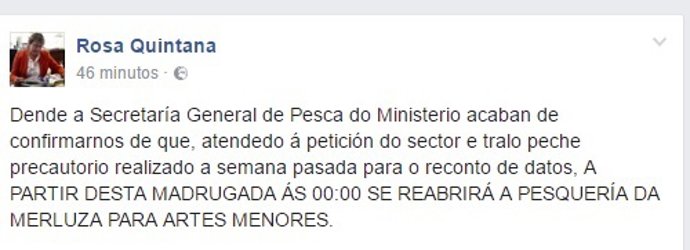 Comentario de la conselleira do Mar en Facebook