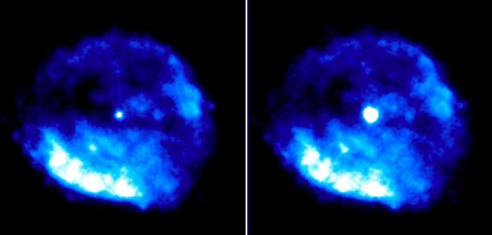 Imágenes en rayos X del remanente de la supernova RCW103, con el magnetar brilla