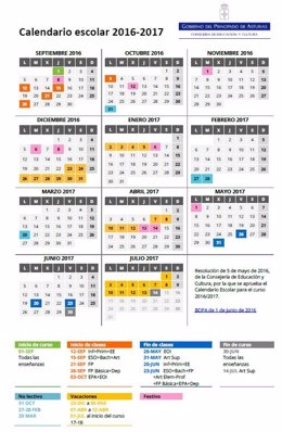 Calendario escolar de Asturias curso 2016-2017