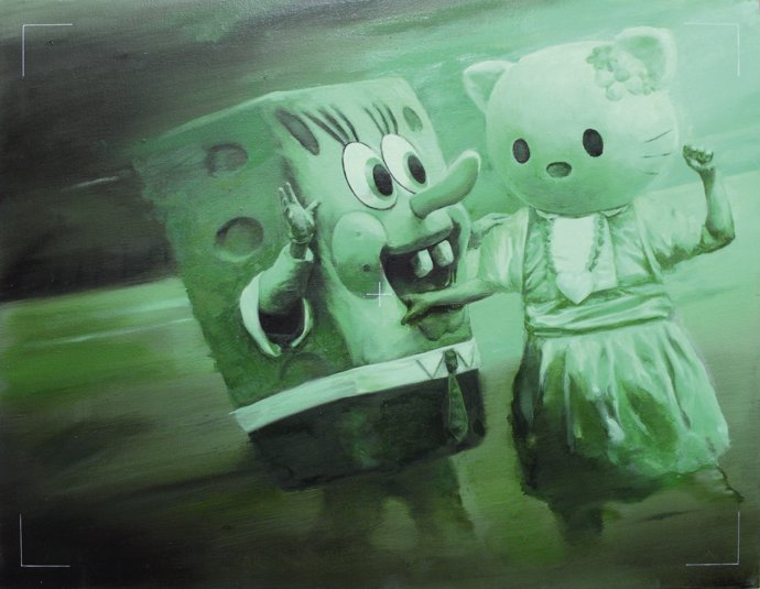 Pintura de José Salguero, 'Hello Kitty golpea a Bob Esponja' (2015)