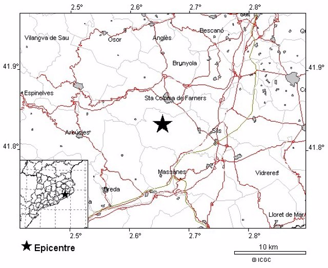Epicentro del terremoto en la comarca de La Selva (Girona)