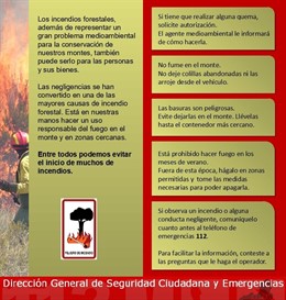 Díptico con consejos frente a incendios de la Dirección General