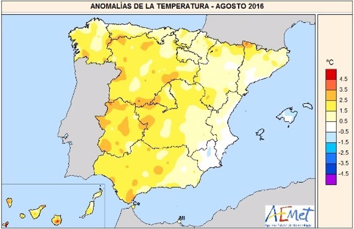 Anomalía térmica en el mes de agosto de 2016