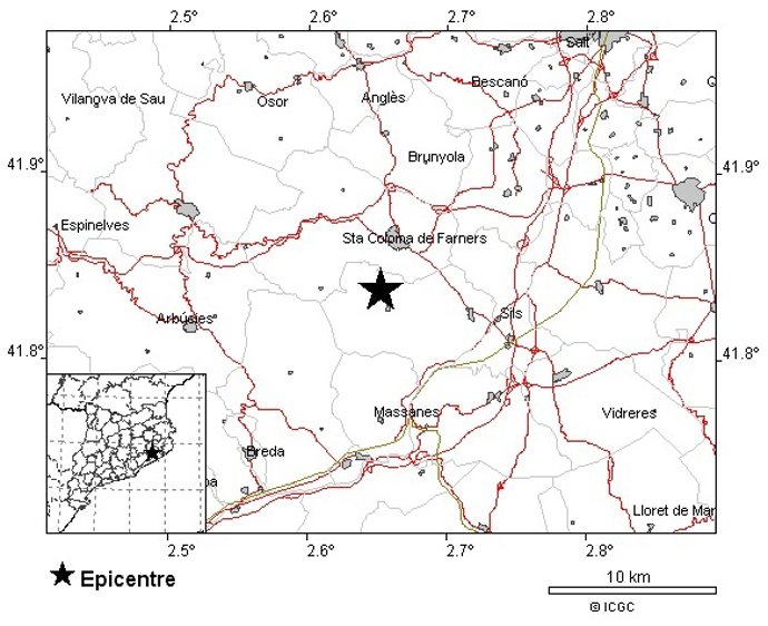 Epicentro del terremoto de magnitud 2,6 en Riudarenes (Girona)
