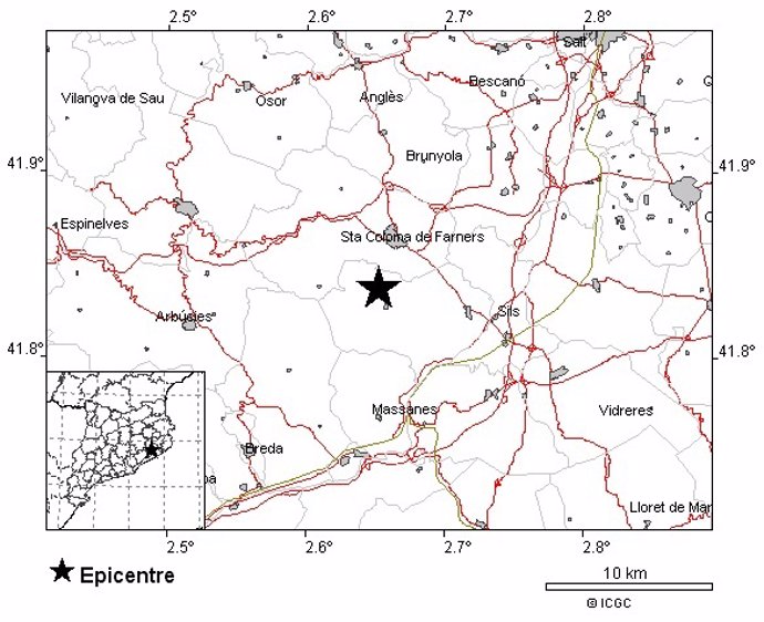Epicentro del terremoto de magnitud 2,6 en Riudarenes (Girona)