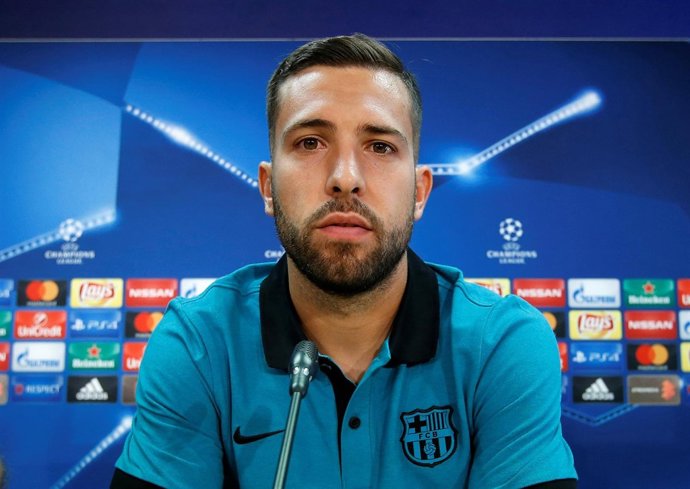 Jordi Alba (Barcelona) en rueda de prensa Champions