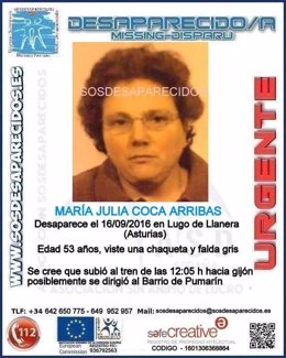 Aviso de la desaparición de María Julia Coca Arribas. 