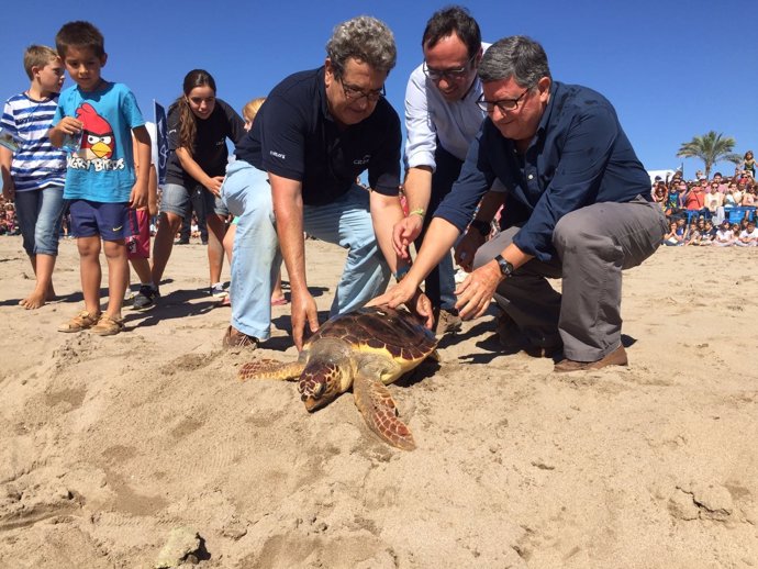 El conseller Josep Rull libera una tortuga junto a miembros del Cram