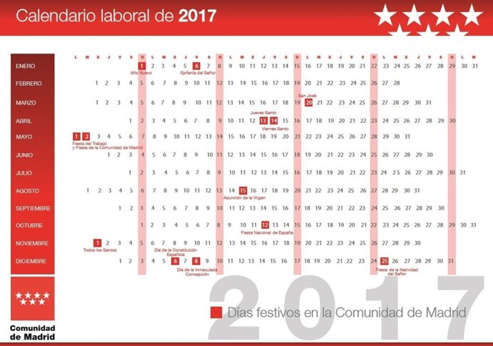 Calendario laboral de la Comunidad de Madrid 2017. 