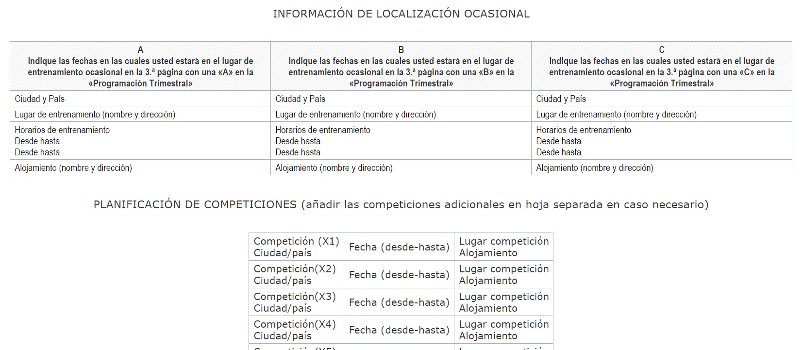 Formulario de localización de deportistas
