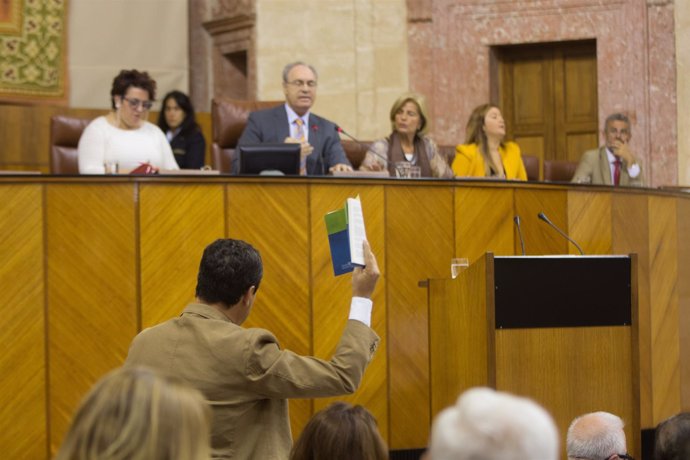 Juanma Moreno esgrime el Reglamento para pedir la palabra en el Parlamento