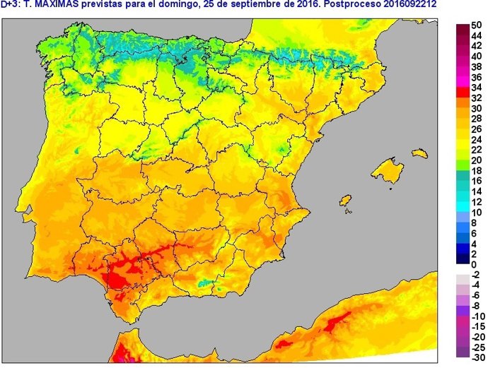 Temperaturas máximas previstas el domingo 25 de septiembre de 2016