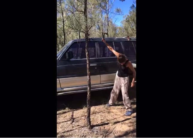 Mujer intenta romper la ventanilla del coche con un martillo