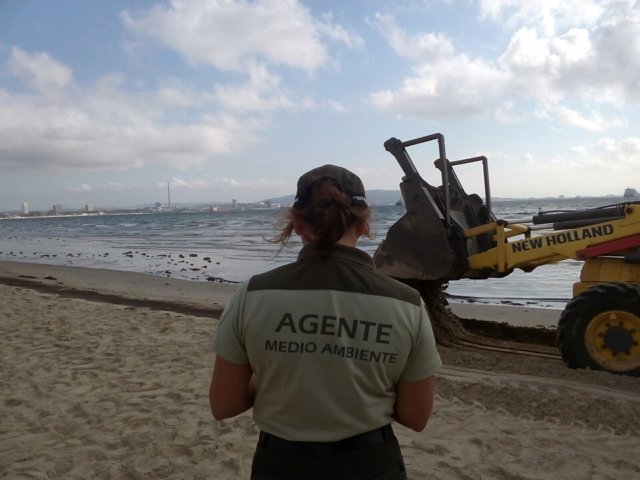 Trabajos de limpieza tras un vertido en la bahía de Algeciras