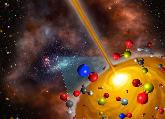 This artist’s impression shows the molecules found in a hot molecular core in th