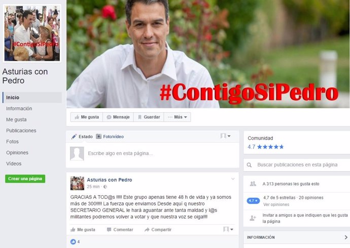 Captura grupo Facebook en apoyo a Pedro Sánchez en Asturias