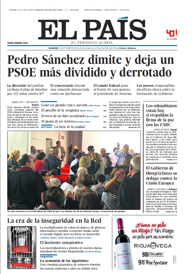 Portada EL PAÍS 2 de octubre