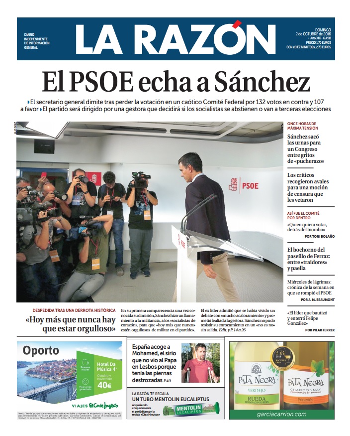 Portada LA RAZÓN 2 octubre