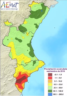 Mapa de lluvias registradas en la Comunitat en septiembre