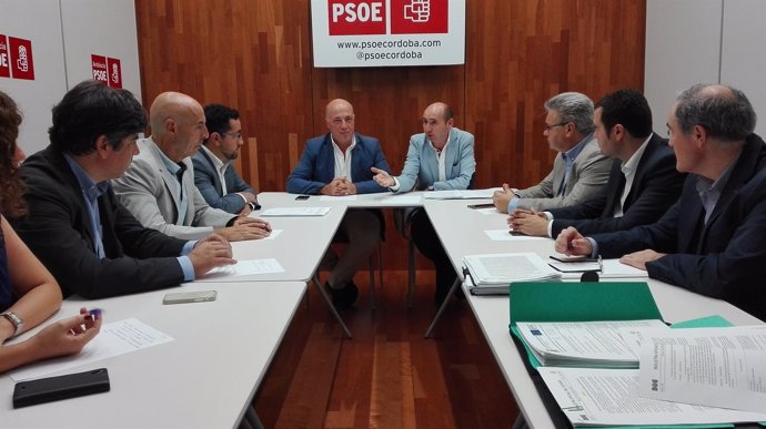 Ruiz y Conejo (al fondo) en la reunión con los alcaldes socialistas