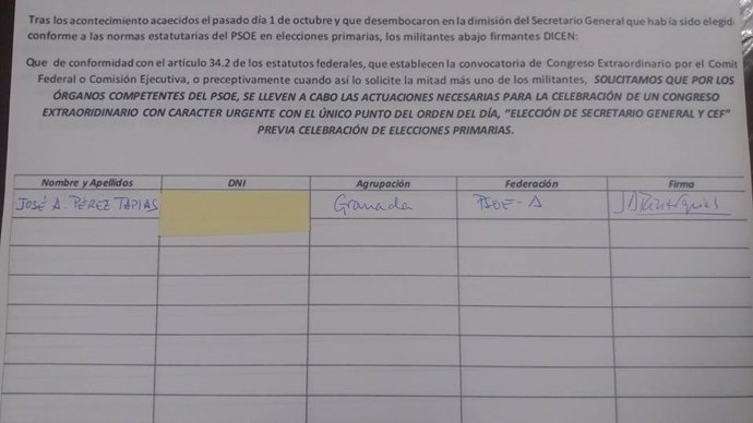 Firma de Pérez Tapias de la propuesta del alcalde de Jun