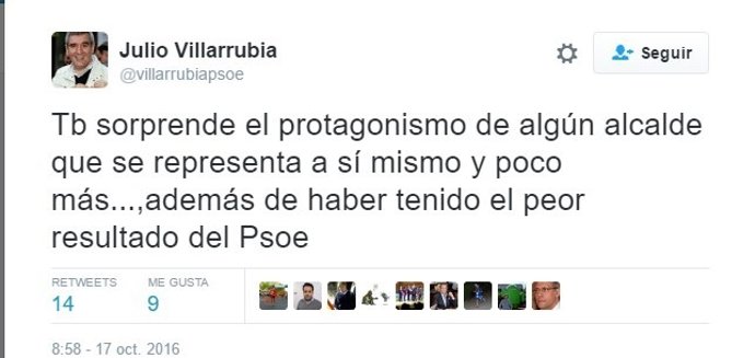 Tuit de Julio Villarrubia al que ha respondido Óscar Puente