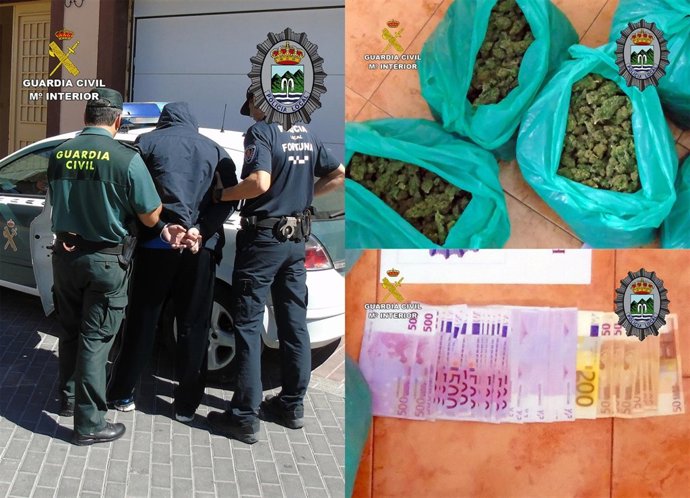 Imagen de uno de los detenidos, la droga y el dinero incautado