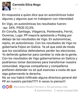 Publicación de Carmela Silva (PSdeG) en el Facebook