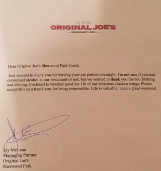 Nota de agradecimiento por no beber y conducir de un pub a un cliente