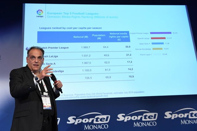 Javier Tebas en el foro Sportel Mónaco